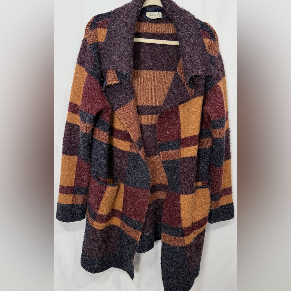 Cozy Aztec Block Pattern Duster Cardigan - Purple, Orange, and Brown Size M